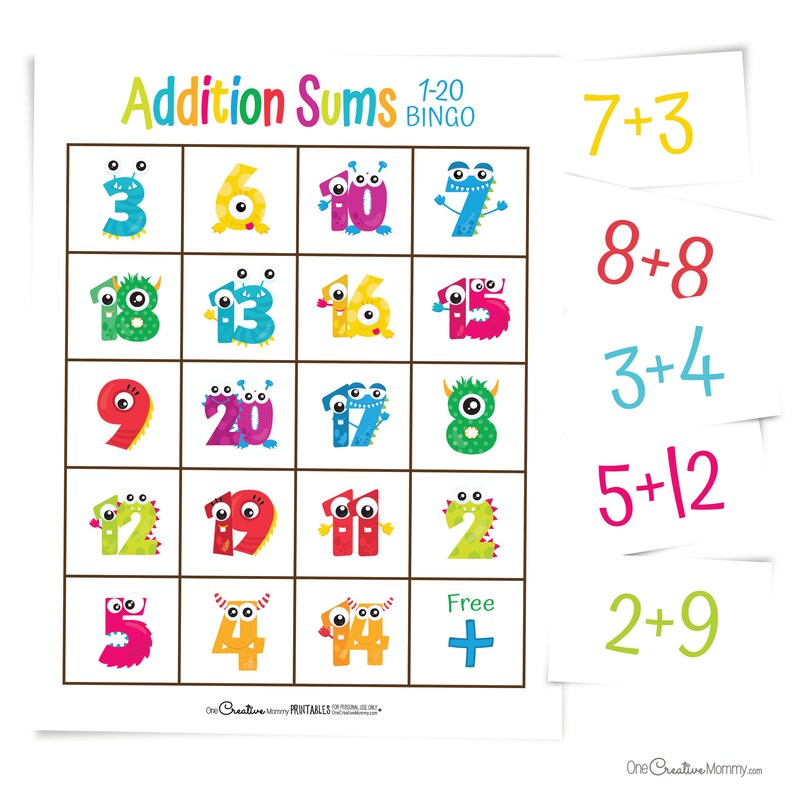 1 addition sums bingo cards and five addition fact cards. The numbers on the card are cartoon numbers with cute monster faces, hands, and horns.