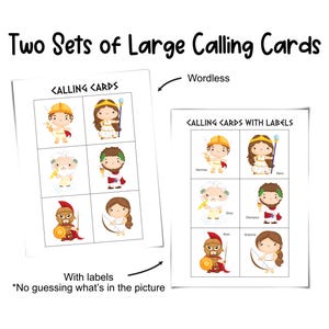 The picture shows two sets of large 3-inch Greek mythology bingo calling cards. One set has no labels, and the other has a label under each image. Images shown: Hermes, Hera, Zeus, Dionysus, Ares, and Artemis.
