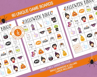Halloween Bingo 60 Unique Printable Boards for All Ages; Game boards for families & large groups; Halloween party game for kids and adults