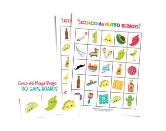 Cinco de Mayo bingo cards; 30 printable game boards; Mexican fiesta fun for kids and large group; cute bingo sheets; Cinco de Mayo gift idea