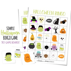 Two Halloween bingo cards stacked on top of each other and surrounded by three calling cards -- Frankenstein monster, a jar of eyeballs, and an orange ghost Text: Simple Halloween Bingo Game, 30 game boards.