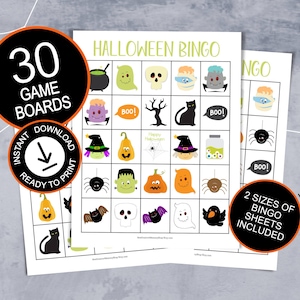 Halloween-bingo spookachtig kaartspel voor feesten en grote groepen; 30 afdrukbare spelborden voor kinderen en volwassenen; leuk idee voor een Halloween-feestspel