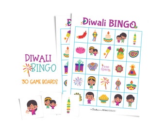 Diwali Bingo card game for parties and family gatherings; 30 printable game boards; Hindu, Jain, Sikh celebrations; adults and kids; cute