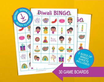 Diwali Bingo card game for parties and family gatherings; 30 printable game boards; Hindu, Jain, Sikh celebrations; adults and kids; cute
