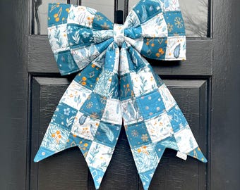 Winter Patchwork Quilted Door Bow Hanger | Handmade | Blue
