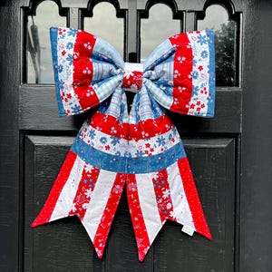 Firework Fields Jelly Roll Quilted Door Bow Hanger | Patriotic Wreath | Red, White & Blue