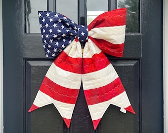 Simple American Flag Quilted Door Bow Hanger (BIG STARS) | Patriotic Wreath