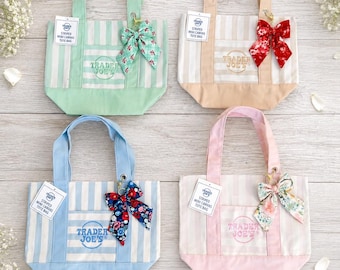 Pastel Striped Canvas Mini Tote Bag with Bow Charm Accessory