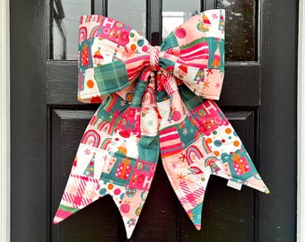 Pink Christmas Patchwork Quilted Door Bow Hanger | Handmade