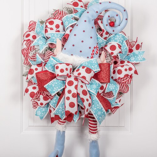 Christmas front door welcome wreath with whimsy red shops and blue Elf legs, candy Christmas wreath, Large front door whimsical wreath.