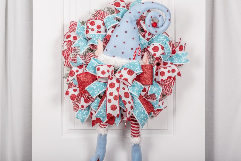 Christmas front door welcome wreath with whimsy red shops and blue Elf legs, candy Christmas wreath, Large front door whimsical wreath.