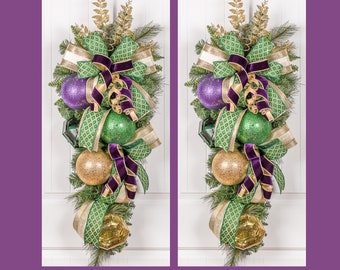 Mardi Gras front door wreath full of designer ribbon in purple, green and gold, multiples available for double doors.