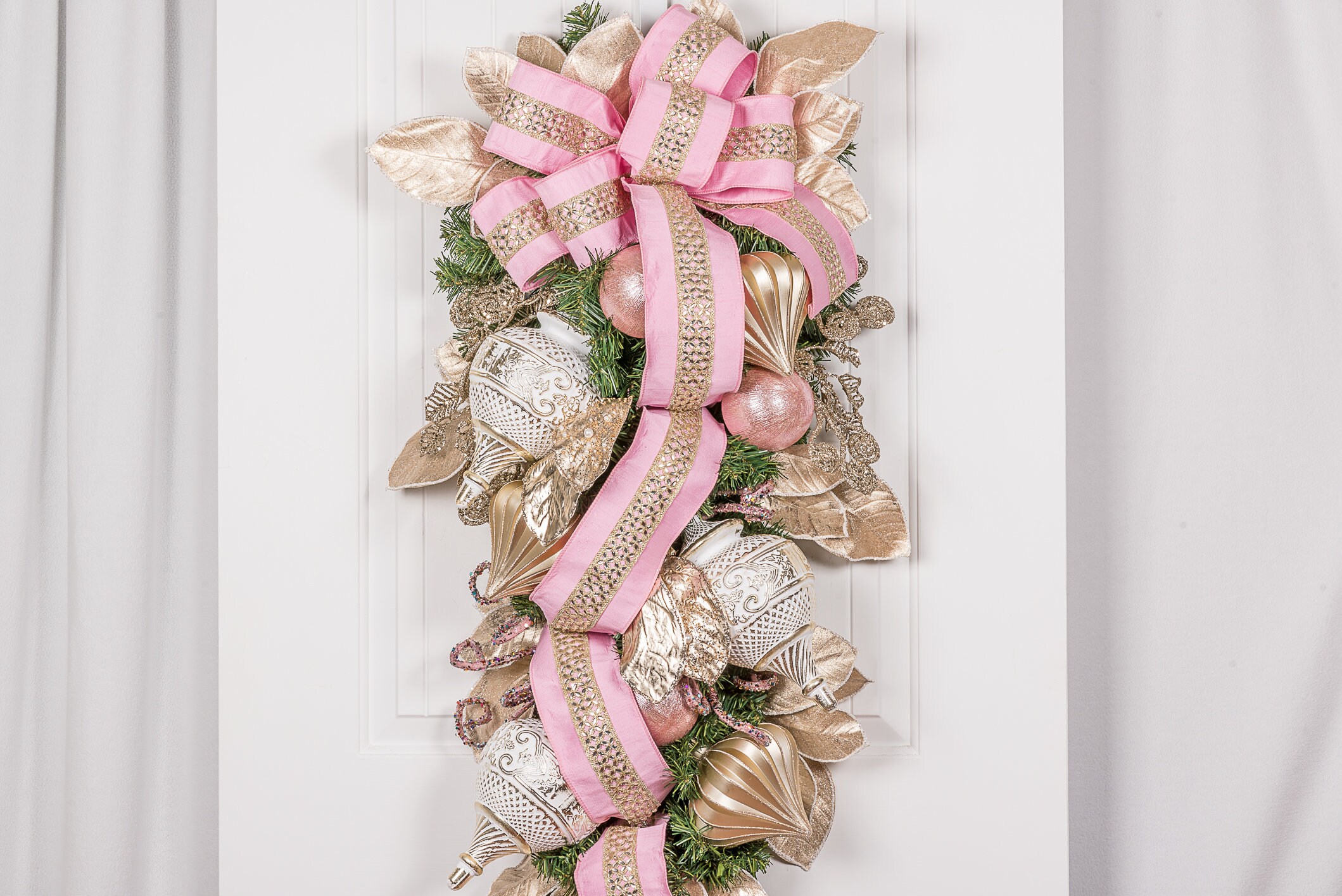 XL Winter Front Door Swag Champagne and Pink, Winter Door Swag Wreaths