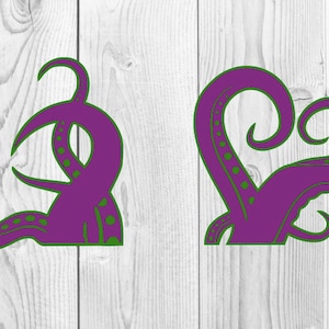 Puede incluir: Dos tentáculos de pulpo morados con contornos verdes, uno está enroscado en forma de corazón y el otro está enroscado en una forma más abstracta.