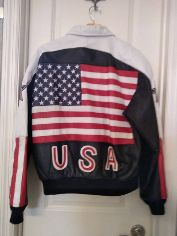 Vintage USA Flag Leather Bomber Flight Patriotic Jacket Mens | Etsy