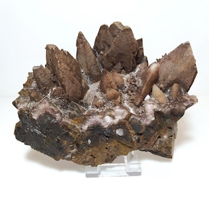 Puede incluir: Un grupo de cristales marrones puntiagudos en una matriz marrón oscura. Los cristales están dispuestos en una forma irregular y dentada. La matriz es rugosa y texturizada.