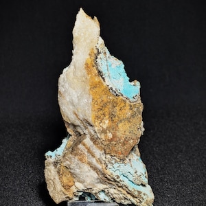 May include: A natural mineral specimen featuring a mix of colors. The rock has a light beige base with patches of turquoise blue and areas of golden brown. The specimen is mounted on a clear acrylic stand against a black background.