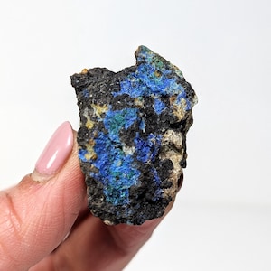 May include: A rough-hewn mineral specimen featuring vibrant blue and green azurite crystals embedded in a dark matrix. The stone has a textured surface and irregular shape, showcasing natural geological formations. The specimen is held against a white background.
