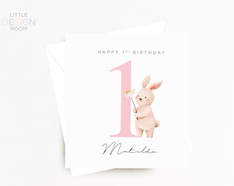 Personalized 1st Birthday Card: Girl's Bunny Rabbit Card