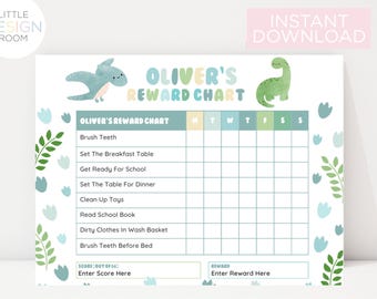May include: A printable reward chart for children featuring a blue dinosaur and a green dinosaur. The chart has a space to enter a child's name, a list of chores, and a grid for tracking progress. The chart also has a space to enter a reward.