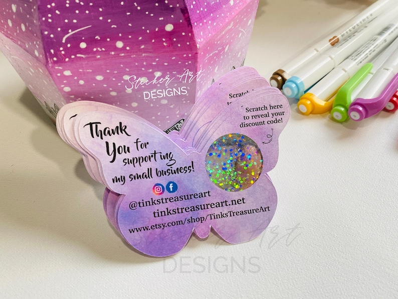 CUSTOM Purple Butterfly Business Scratch Cards, Thank You Scratch Off Card, Custom Thank You Cards, Small Business Cards, Custom Shaped Card image 2