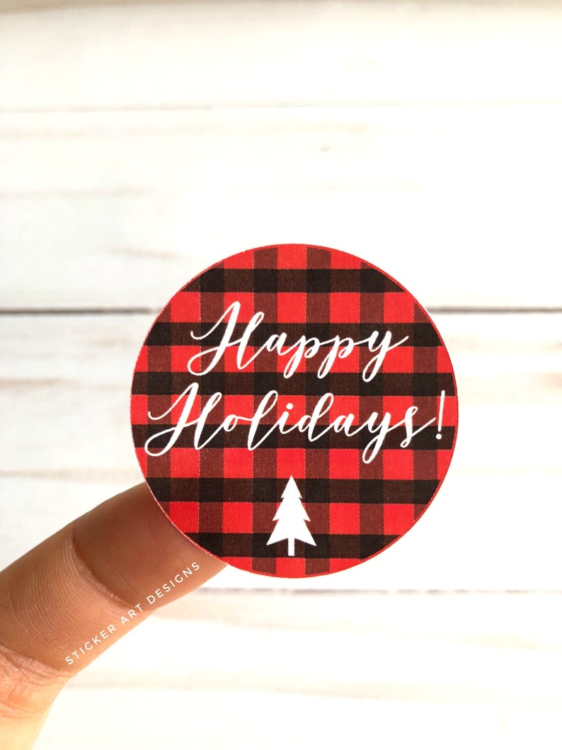 30 HAPPY HOLIDAYS Stickers, Buffalo Plaid, Christmas Gift Stickers, Custom Sticker, Business Sticker, Happy Mail Stickers, Packaging Sticker image 1