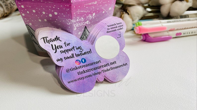 CUSTOM Purple Butterfly Business Scratch Cards, Thank You Scratch Off Card, Custom Thank You Cards, Small Business Cards, Custom Shaped Card image 1