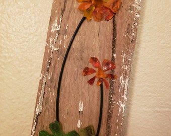 Fall Flowers of Sea Glass and Ceramic on Oak