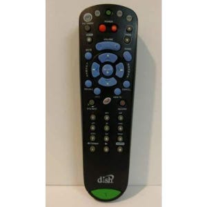 May include: Black Dish Network remote control with blue and red buttons. Features buttons for TV/Video, volume, mute, guide, and number keys. The Dish logo is at the bottom.