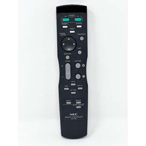 May include: A black NEC RP-100 remote control with multiple buttons for power, volume, and other functions. The remote has a sleek design with clearly labeled buttons for easy use. The remote is designed for a projector or similar device.