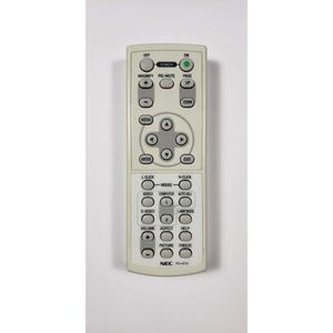 Puede incluir: Mando a distancia blanco para proyector NEC RD-427E con múltiples botones para encendido, navegación por menús y control de vídeo. Incluye botones para volumen, aspecto y ajustes de imagen. Con botón de encendido y luz verde.