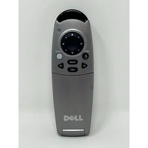 May include: A gray Dell presentation remote with black buttons and a black top. The remote has buttons labeled "Power", "R-Sync", "Source", "PU", "PD", and "Laser". The Dell logo is at the bottom.