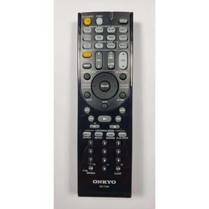 May include: Black Onkyo RC-710M remote control with an array of buttons for different functions. Includes buttons for power, volume, input, and playback controls. Features the text: "ONKYO" and "RC-710M".