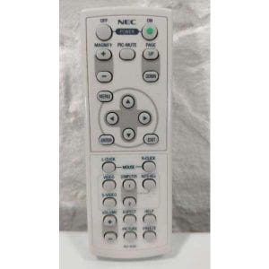 Puede incluir: Un mando a distancia NEC blanco con varios botones, incluyendo "Power", "Menu" y controles direccionales. El mando tiene botones de función como "Volume", "Aspect" y "Freeze".