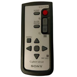 May include: A black Sony Cyber-shot remote control with silver buttons and a red shutter button. The remote has buttons for menu, home, and slide show functions. The model number RMT-OSC1 is visible.
