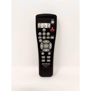 May include: A black AVerMedia remote control with multiple buttons for playback, PC, camera, and menu functions. The remote has a power button and zoom controls. The AVerVision model is printed at the bottom.