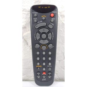 May include: A black Dish Network remote control with grey buttons. The remote has buttons for power, volume, and channel selection. It also has buttons for TV/Video, SAT, VCR, and AUX. The remote has the Dish logo at the bottom.