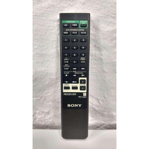 Pode incluir: Controle remoto preto do receptor Sony com vários botões para várias funções. O controle remoto possui botões para CD, sintonizador, vídeo e fita/MD. Ele também inclui botões numéricos, controles de volume e um botão claro.