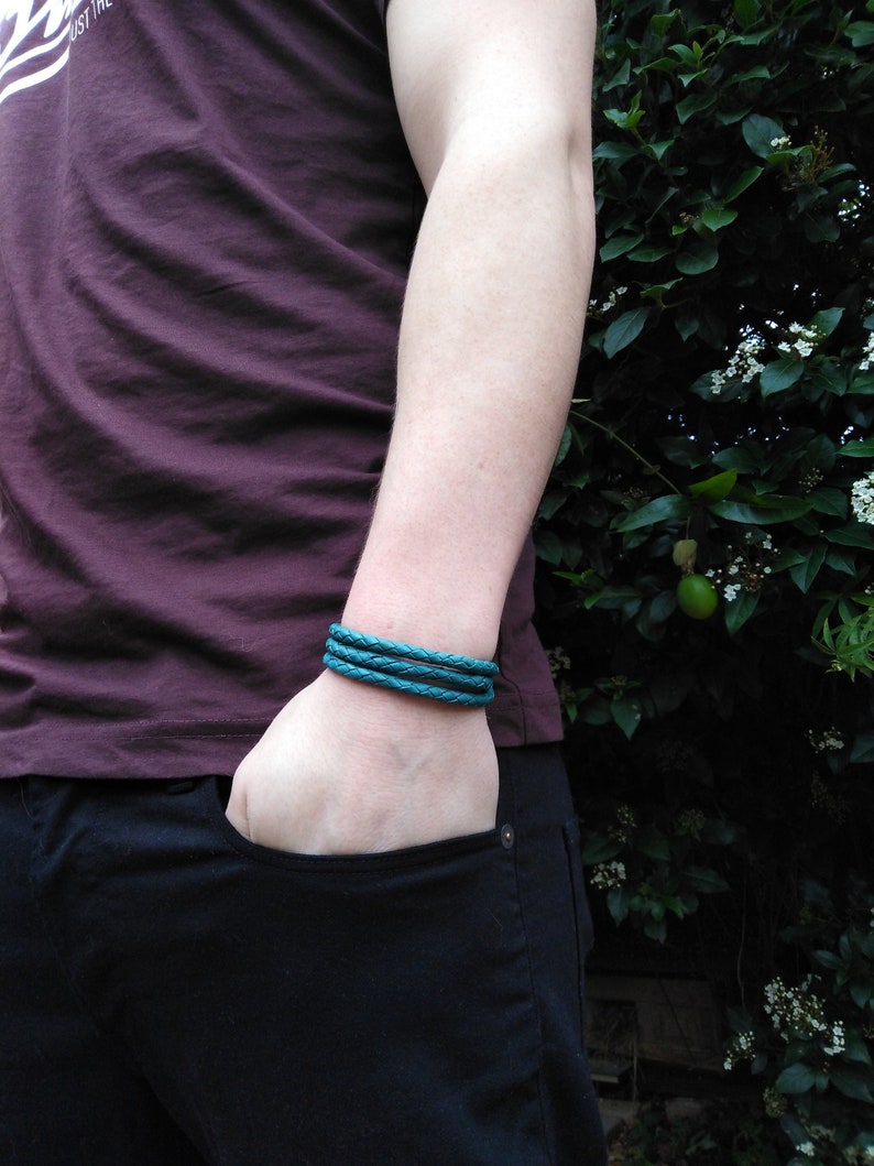 Mens leather bracelet Mens triple wrap turquoise braided leather bracelet