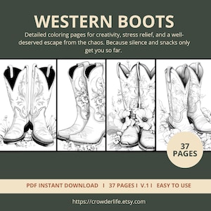 Western Boot Coloring Pages | 37 Pages | Digital Download | Printable PDF | V.1