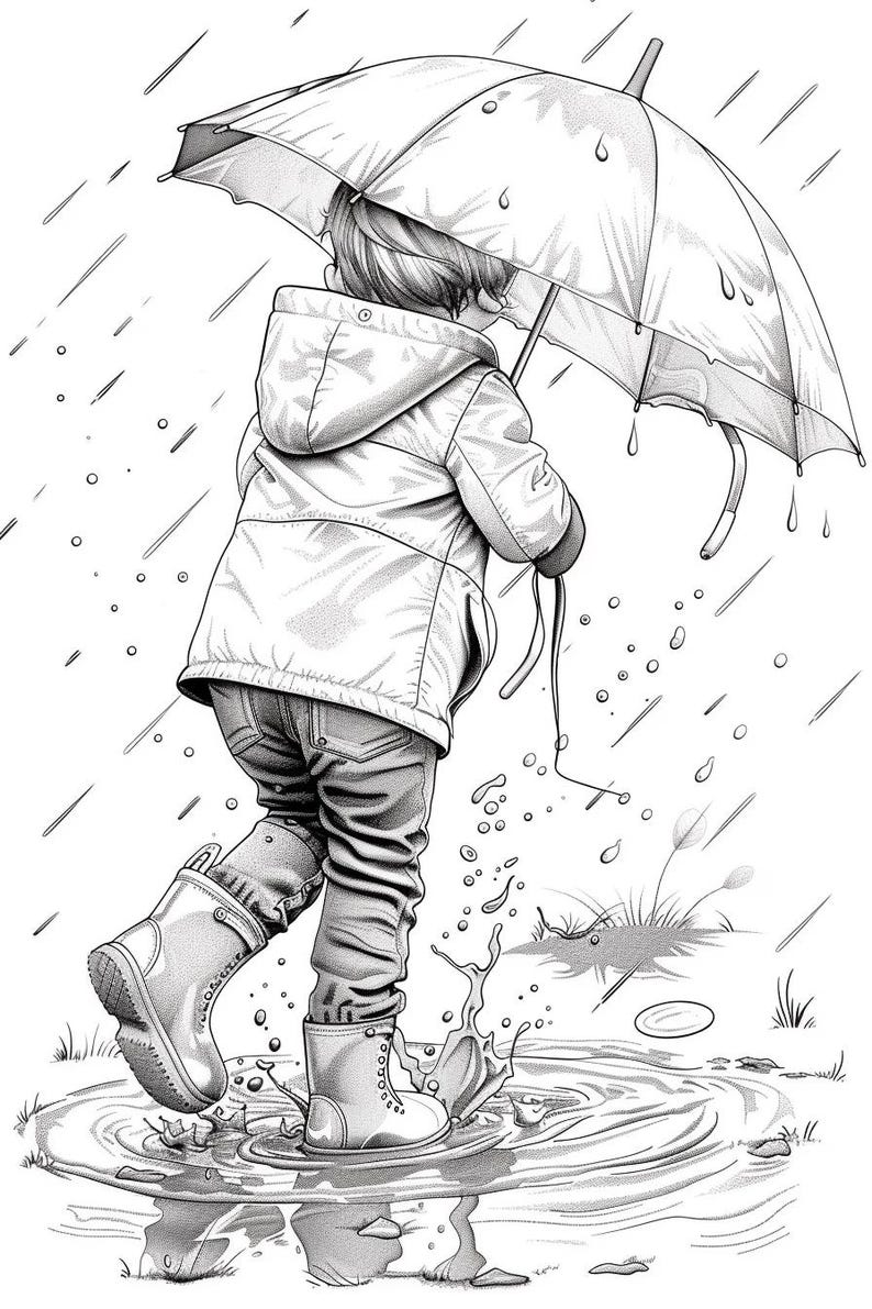 45+ Rainy Day Coloring Sheets | Kids Playing in the Rain | Stress Relief for Adults and Kids | Rainy Day Activities | Digital Download