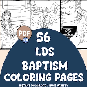 Könnte beinhalten: Eine digitale Download-Grafik mit dem Text "56 LDS BAPTISM COLORING PAGES". Das Bild zeigt drei Schwarz-Weiß-Illustrationen von Kindern und den Text "THE BOOK OF MORMON". Ein brauner Kreis mit "PDF V.4" ist ebenfalls vorhanden.