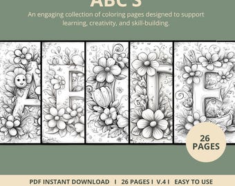 ABC's Coloring Pages | 26 Pages | Floral, Kindergarten, Preschool | Digital Download | Printable PDF | V.4