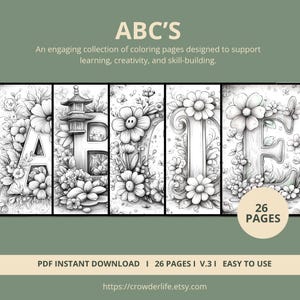 ABC's Coloring Pages | 26 Pages | Floral, Decorative | Digital Download | Printable PDF | V.3