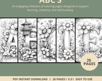 ABC's Coloring Pages | 26 Pages | Floral, Decorative | Digital Download | Printable PDF | V.3