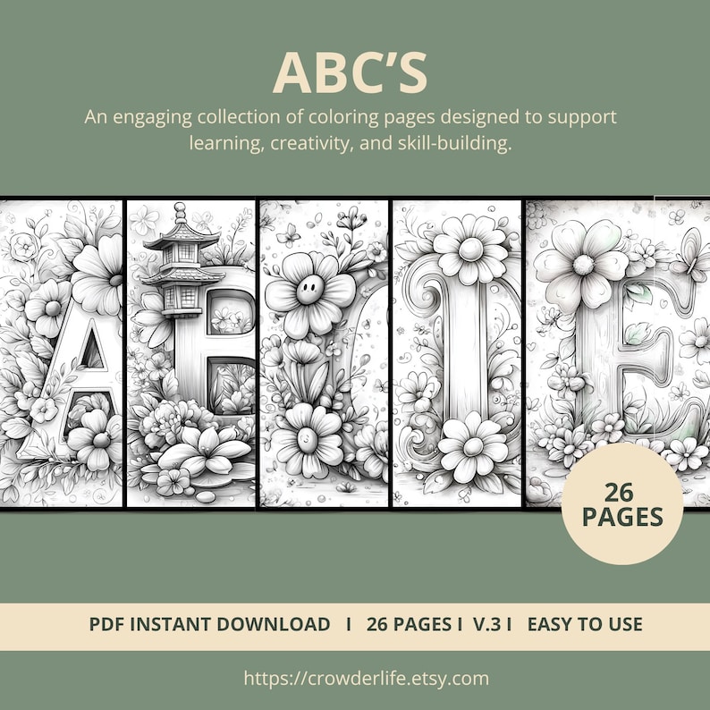 ABC's Coloring Pages | 26 Pages | Floral, Decorative | Digital Download | Printable PDF | V.3