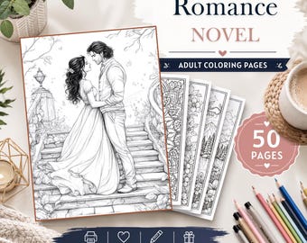 Romance Novel Coloring Pages, 50 Printable Bookish Love Story Designs for Adults