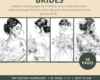 Bride Coloring Pages | 49 Pages | Wedding, Flowers, Dresses | Digital Download | Printable PDF | V.1
