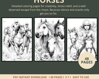 Horse Coloring Pages | 48 Pages | Riding, Western, Horses | Digital Download | Printable PDF | V.1