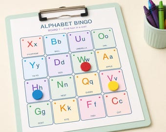 Alphabet Bingo for Preschool, 20 ABC Bingo Boards With Calling Cards, Letter Recognition Game